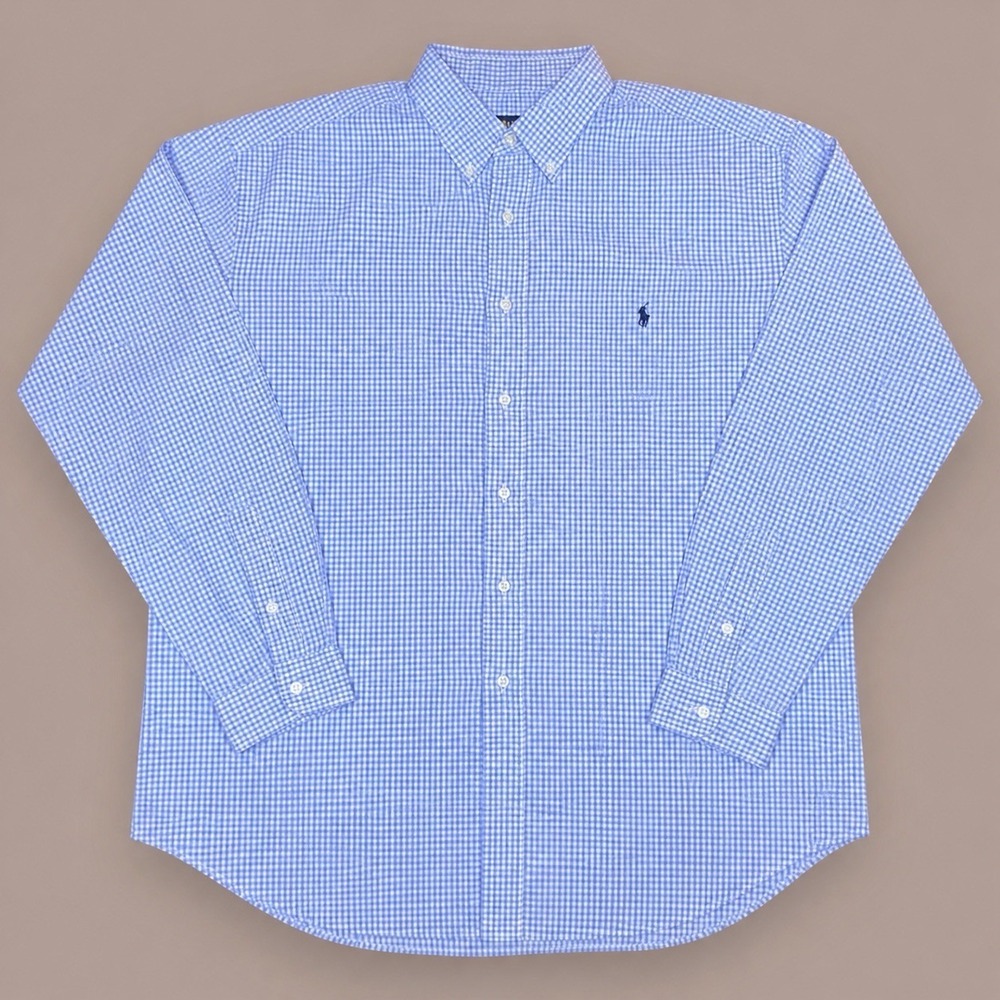 Ralph Lauren 2XLT Blue White Gingham Button Down Shirt Tall Stretch Cotton Pony